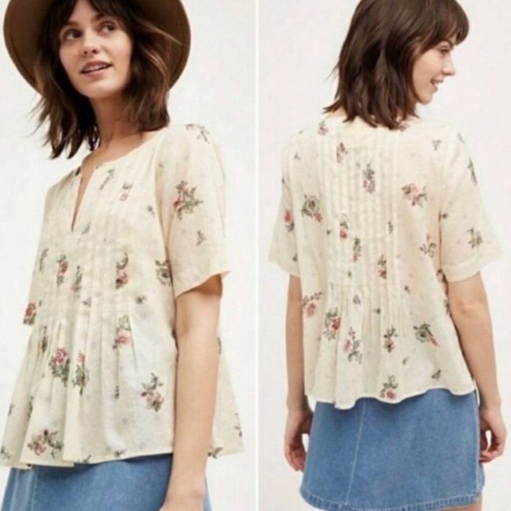 Anthropologie Maeve Polka Dot Floral Cream Pintuck Blouse